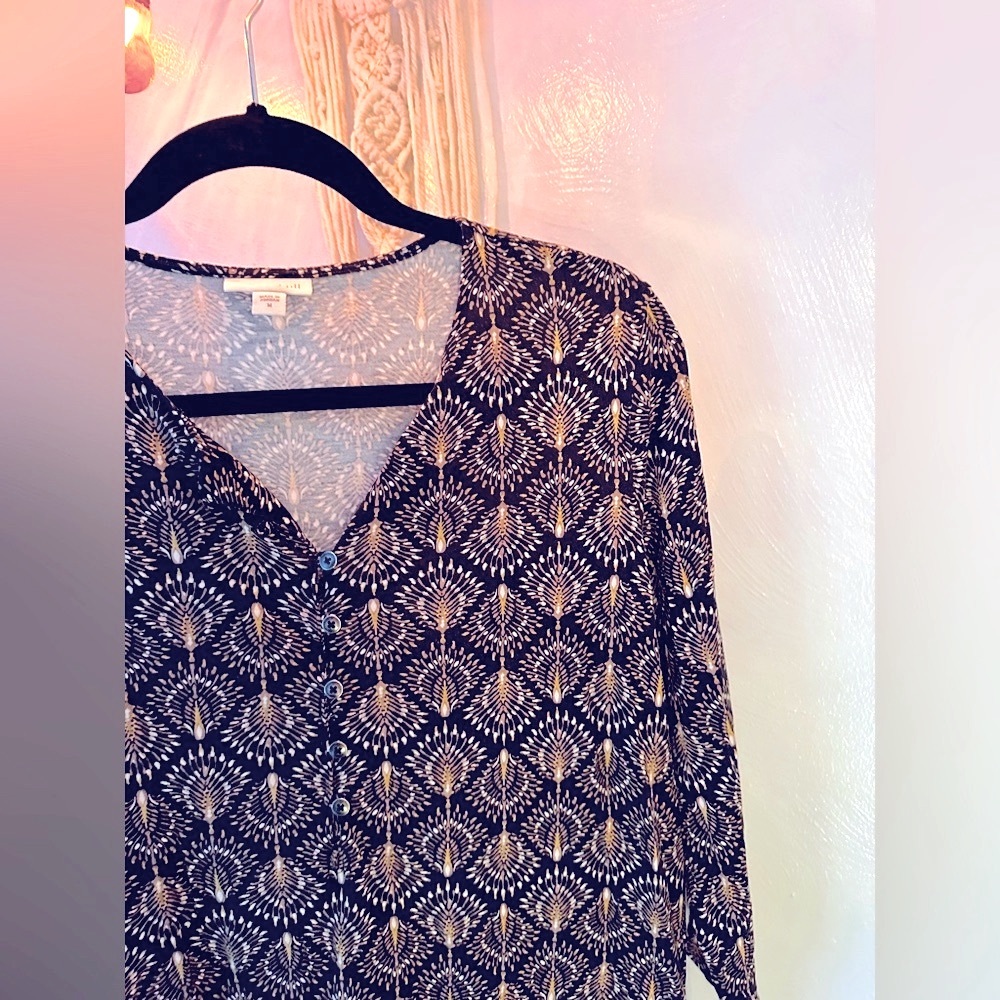 ⭐️J.JILL Geometric Border Print Medallion 3/4 Sl. Shirt, Sz.M, Rayon/Tencel Mix👀 - Picture 3 of 12